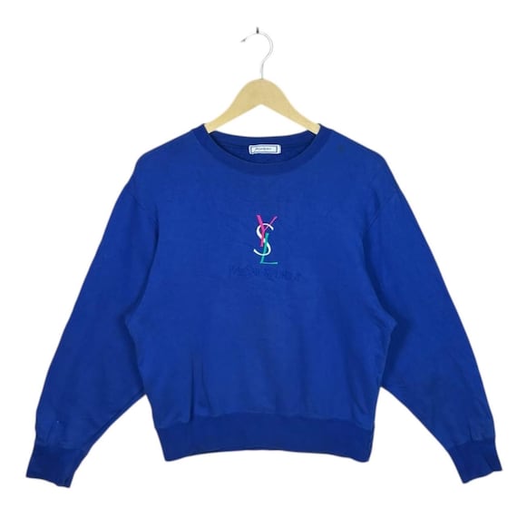 Saint Laurent, Vintage 90s Yves Saint Laurent YSL Sweatshirt Multi Color Embroidered Logo Crewneck Blue Pullover Japanese Archive Streetwear Retro Size M