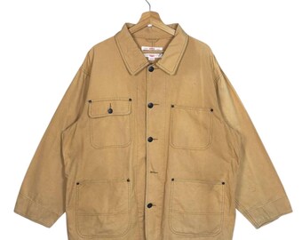 Giacca da lavoro in tela vintage anni '90 della collezione PRS, grande cappotto marrone chiaro, giacca da lavoro in cotone invecchiato, giacca da lavoro pesante da uomo