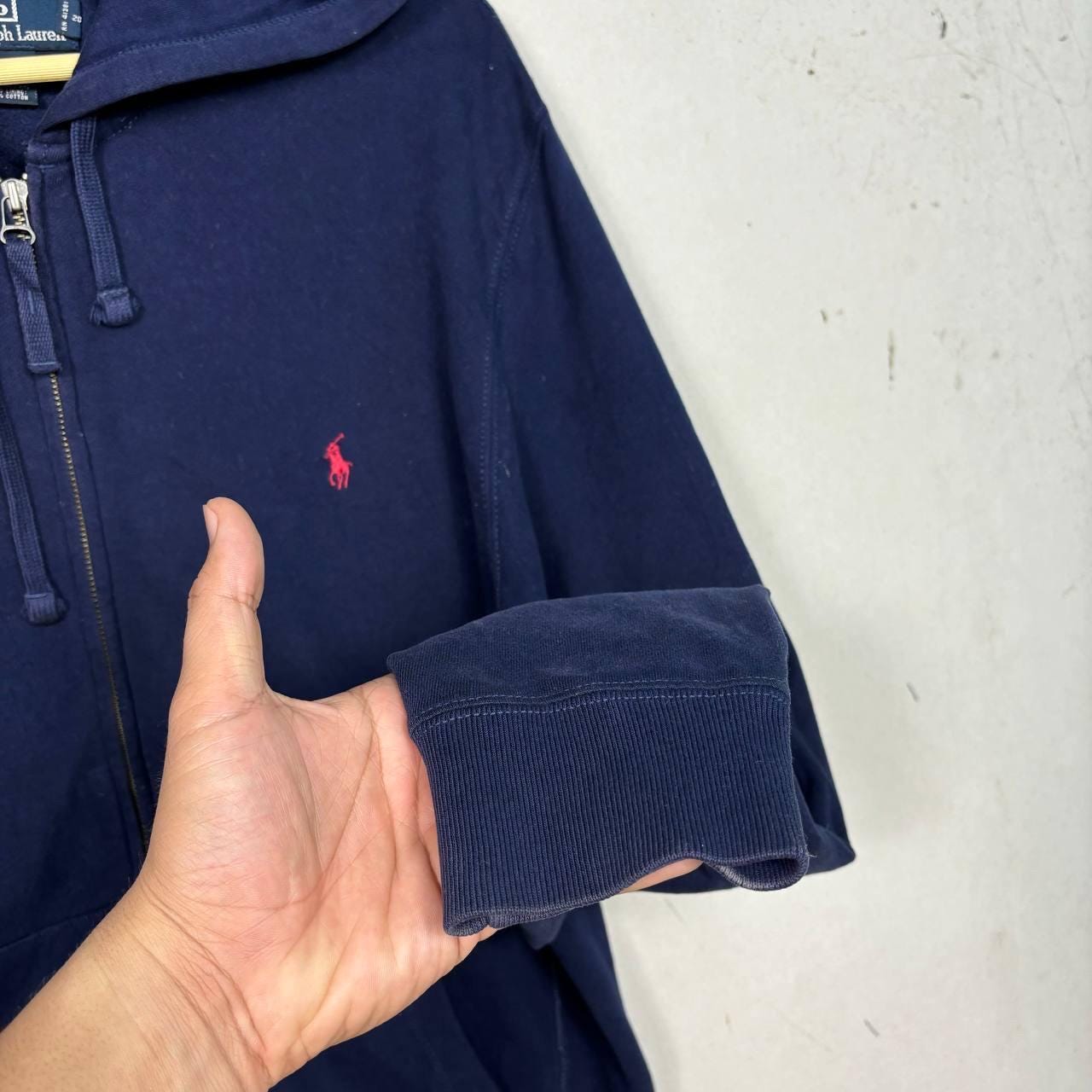 Vintage Polo Ralph Lauren Full Zip Hoodie Navy Blue Red Pony Logo