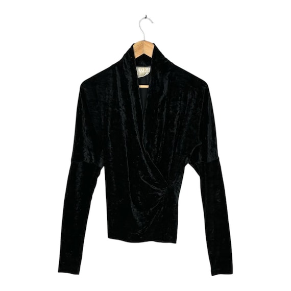 Vintage 90s Norma Kamali Crushed Velvet Wrap Blouse Black, Size M OMO Norma Kamali Avant Garde Long Sleeve Evening Draped Top Renown Japan