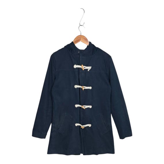 A.P.C., Vintage APC Paris Heavy Canvas Cotton Duffle Coat Hooded Toggle Jacket Made in Poland Minimalist Workwear Parka Navy Blue Women Men Size XS