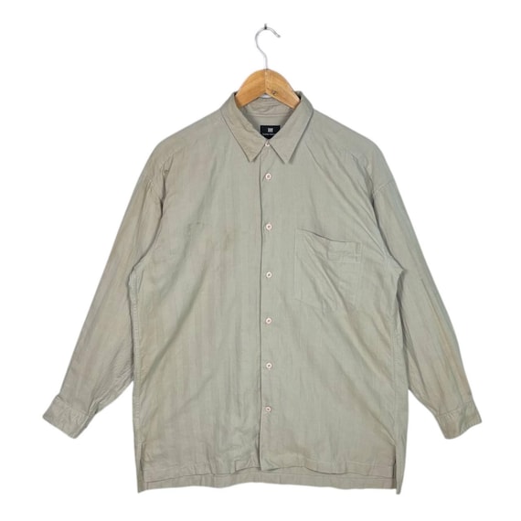 Issey Miyake, Vintage 80s Issey Miyake I.S. Shirt Beige Striped Long Sleeve Button Down Oversized Japanese Designer Minimalist Men Size L Archive Luxury