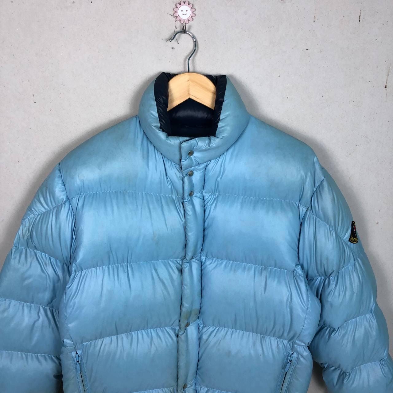 Vintage 80s Moncler Puffer Jacket S/M Light Blue Ski Wear Glossy