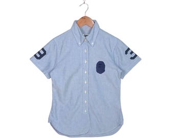 Vintage A Bathing Ape BAPE Short Sleeve Oxford Shirt Size S Blue Ape Head Embroidered Button Down #3 Sleeve Logo Japan Harajuku Streetwear