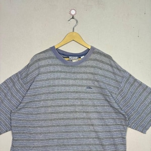 May include: A short-sleeved, striped t-shirt in shades of gray and blue. The shirt features a crew neck and a small logo on the chest. The fabric has a textured appearance, and the stripes run horizontally across the garment.