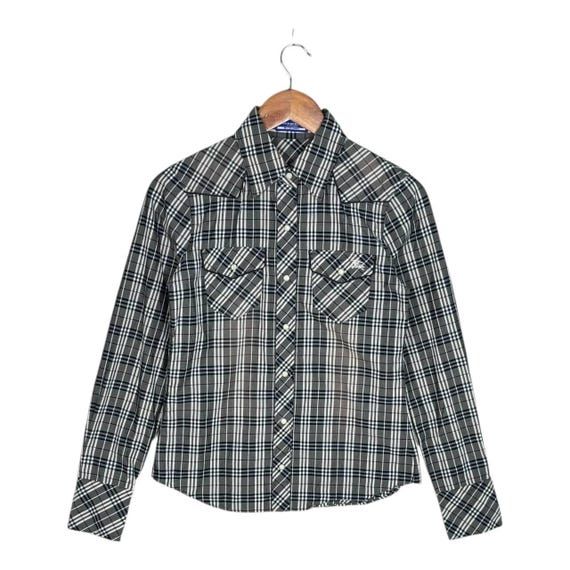 Burberry Blue Label, Vintage Burberry Blue Label Nova Check Western Plaid Shirt Size 38 Small Womens Japanese Archive Y2K Dark Grey Grey Pearl Snap Cotton Top