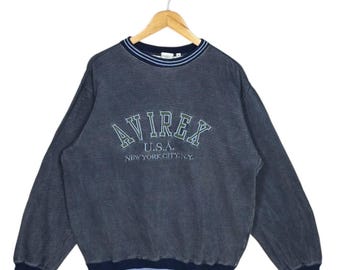 Vintage Avirex USA New York City Sweatshirt Size M Navy 90s Streetwear Embroidered Spell Out Pullover Jumper Rare Hip Hop Style Varsity Top