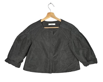 Vintage Prada Cropped Silk Blend Puffed Sleeve Jacket Army Green Zip Up IT 36 Archival Miuccia Era Minimalist Luxury Designer Outerwear Rare