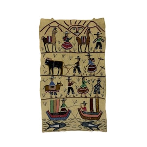Masterpiece Vintage Art Village Life Ethnic Hand Knotted Home Jewelery / Home Decoration. Hand Made Knit Hanging Ethnic Art Crafted Textile