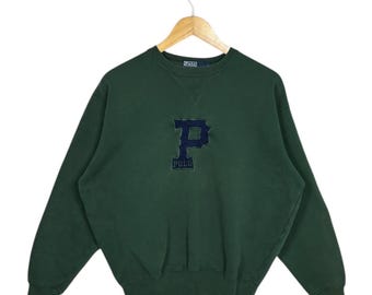 Vintage Polo Ralph Lauren Green Sweatshirt P Logo Embroidered 90s Crewneck Small Varsity Letterman Old Money Streetwear Pullover
