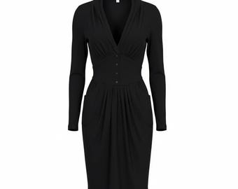 Vintage zwarte wollen jurk van Thierry Mugler geplooide taille sculpturale avant-garde jaren 80 jaren 90 archief ontwerper Little Black Dress maat S