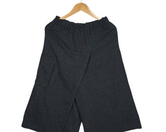 Vintage Issey Miyake Plantation Hakama Asymmetric Wide Leg Wool Culottes Pants Japanese Pleated Dark Gray GAUCHO Trousers
