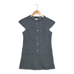 Vintage Agnes b Paris Wool Cap Sleeve Dress Long Vest Jacket Size S Gray Boiled Wool Button Up Tunic Mid Century Minimalist 90s France Chic