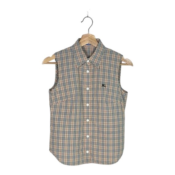 Burberry Blue Label, Vintage Burberry Blue Label Nova Check Tank Top Sleeveless Shirt Y2K Beige Plaid Cotton Blouse Small Size 38 Japan Authentic Preppy