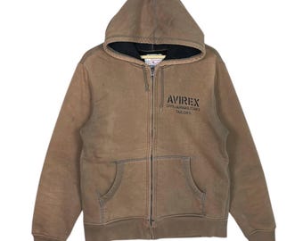 Vintage 90s Avirex USA XL Sherpa Lined Full Zip Hoodie Sweater | Y2K Brown Sun Faded Military Tailor U.S. Armed Forces Distressed Jacket