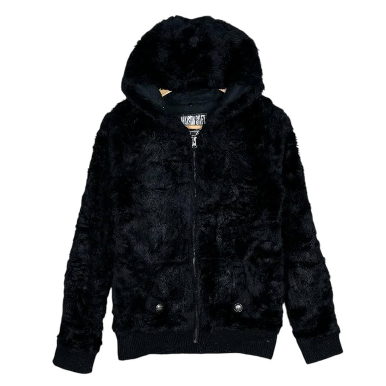 ジャケット・アウター 00s luv maison fur mod coat jacket Vintage Maison Gilfy Black Faux Fur Hoodie Jacket Size M Gyaru J