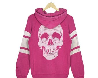 Moletom com capuz vintage dos anos 90, estilo punk, com estampa de caveira rosa e efeito desgastado, da Seditionaries.