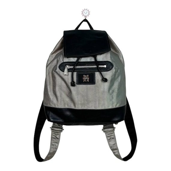 Vintage Jean Paul Gaultier JPG Backpack Silver Nylon Leather Bag 90s Archive Paris Designer Rucksack Zig Zag Stitching Gorpcore Aesthetic