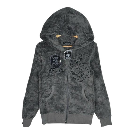 Vintage Ghost of Harlem Faux Fur Fuzzy Gray Hoodie Zipper Jacket