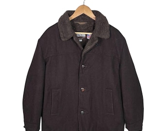 Vintage Schott NYC Wool Rancher Jacket Sherpa Lined Brown Men’s 40 Made in USA 80s Western Car Coat Winter Workwear Rugged Chore Jacket VTG