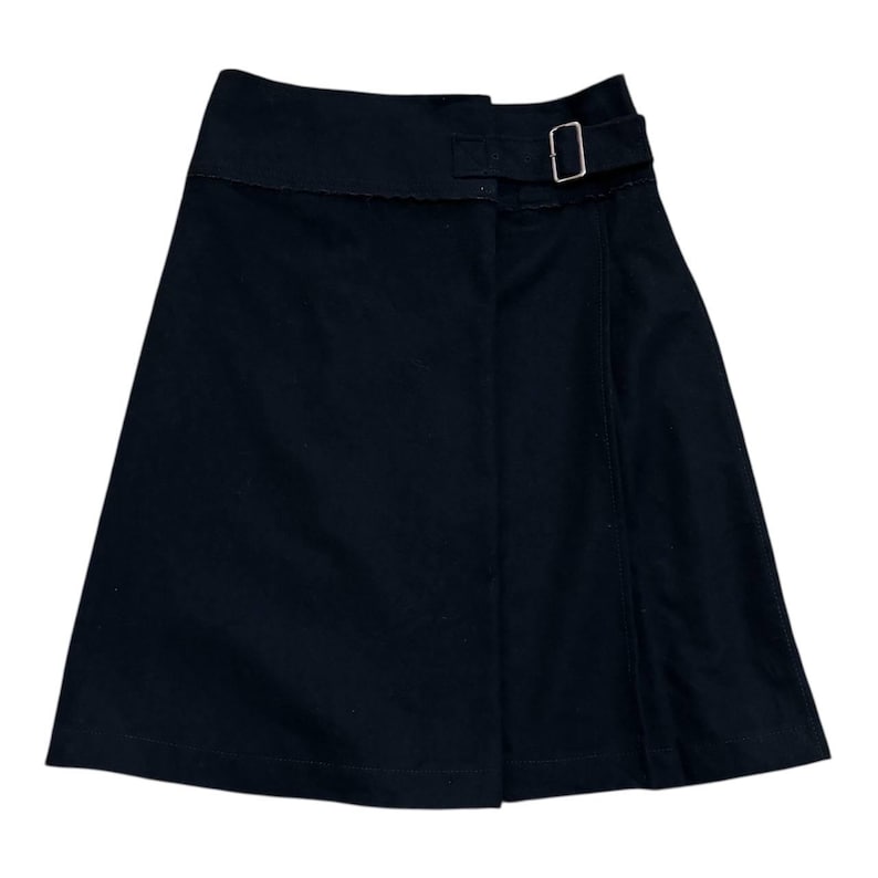 May include: A black skirt with a flared A-line silhouette. The skirt features a wide waistband with a buckle closure and a subtle slit detail. The fabric appears to be a medium-weight material, suitable for various occasions.