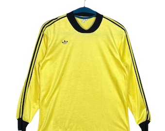 Vintage 80s Adidas Ventex Template Football Shirt Soccer Jersey Yellow Black Trefoil Long Sleeve