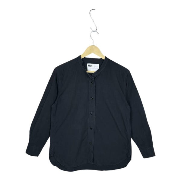Margaret Howell MHL Band Collar Shirt Cotton Linen Black Minimalist Workwear Blouse Long Sleeve Button Up Collarless Top Women Size 1