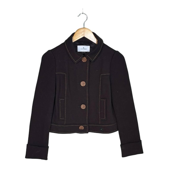 Courrèges, Vintage Courreges Paris Dark Brown Wool Jacket Ribbed Knit Sleeves Contrast Stitch Button Up Cropped Outerwear Japanese Designer Size 38