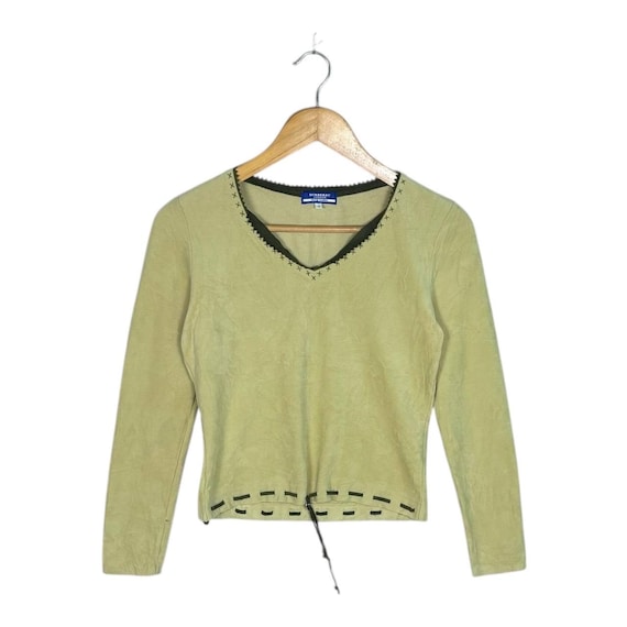 Burberry Blue Label, Vintage Y2K Burberry Blue Label Long Sleeve Top Green Cotton V-Neck Whipstitch Drawstring Cinch Hem Japanese Archival Designer Shirt Size M