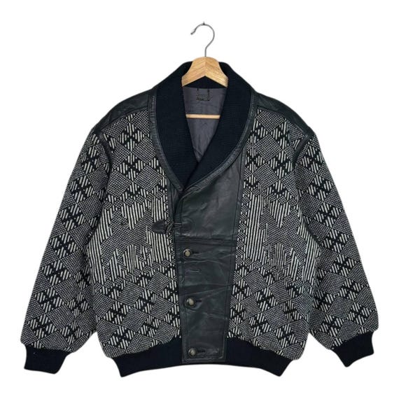 Vintage 90s Lancel Paris Wool Knit Leather Jacket L Horse Motif Geometric Knitwear Cardigan Bomber Coat Pre-Owned High Quality Outerwear