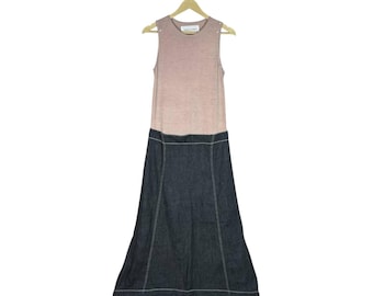 Vintage Tsumori Chisato denim maxi-jurk archief Japanse ontwerper Issey Miyake groep maat 2 kleine contraststiksel ruwe indigo katoenen jurk