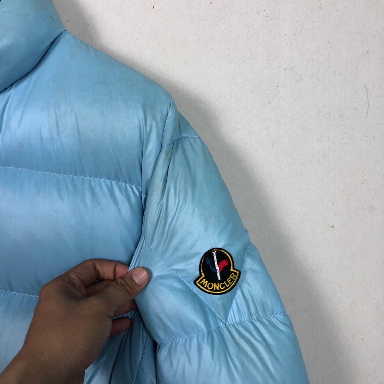 Vintage 80s Moncler Puffer Jacket S/M Light Blue Ski Wear Glossy 