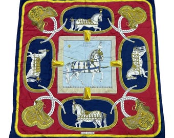 Vintage Hermes Scarf Grand Apparat Jacques Eudel 90cm Silk Twill Carre Navy Red Gold Equestrian Royal Horse Motif Designer Luxury Gift Box