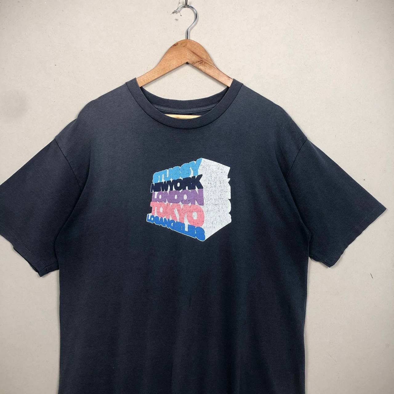 Vintage 90s Sun Faded Stussy Cities Block Tee Shirt