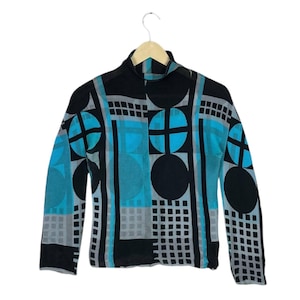 Vintage me Issey Miyake Pleated Geometric Mock Neck Mesh Top Turquoise Black Abstract Grid Pattern Texture Stretch Blouse Flawed
