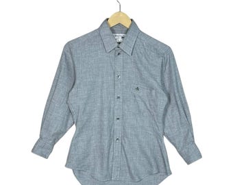 Vintage Balmain Paris Button-Down-Hemd, graue Baumwoll-Wollmischung, japanische Lizenz, bestickte Tasche, minimalistisches Designer-Hemd