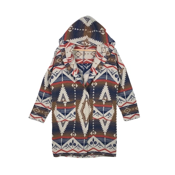 RZADKI ZNALEZISKO! Kurtka z wełny w stylu południowo-zachodnim w stylu azteckim Navajo w stylu boho, z geometrycznym wzorem, z mieszanki wełny, z kapturem, w stylu indiańskim i westernowym.