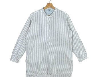 45rpm Studio Japan Blue Striped Cotton Tunic Shirt, Vintage 45R Band Collar Pullover, Japanese Designer Minimalist Longline Top, Size 2 M