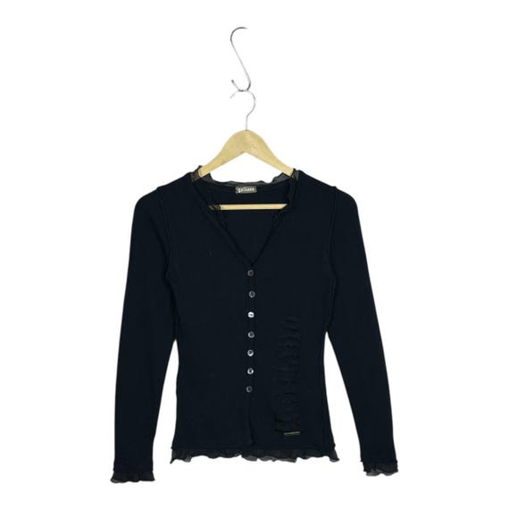 John Galliano, Vintage John Galliano Y2K Black Knit Cardigan XXS, Semi Sheer Mesh Trim Distressed Logo Top, 2000s Designer Avant Garde Whimsigoth Sweater