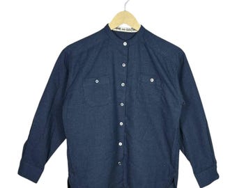Vintage Comme des Garcons marineblauw wollen shirt jaren 80 minimalistische band kraag blouse ontwerper Japanse avant-garde luxe wollen top zeldzaam