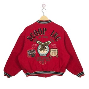 Vintage 80-tals Scoop Inc Tokyo Varsity-jacka Röd ull- och läderbomberjacka med örnmärke Japansk Americana Streetwear Storlek L Avslappnad Klassisk Smak
