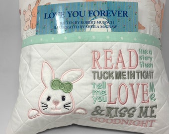 Handmade POCKET / READING Pillow COVER - 16 in x 16 in Bunny with "Read Me a Story" Verse