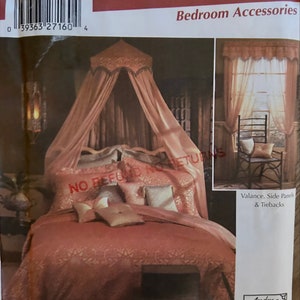 May include: A Simplicity Home Decorating sewing pattern for bedroom decor, featuring a canopy bed with a pink and white canopy, a valance, side panels, and tiebacks. The pattern number is 5315. The pattern is trimmed by Conso and designed by Andrea Schewe.