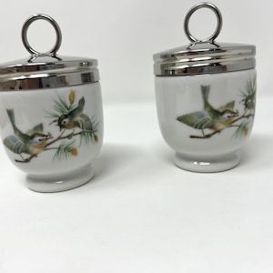 May include: Two white porcelain egg coddlers with silver-toned metal lids featuring ring handles. Each container is decorated with a colourful illustration of small birds perched on pine branches with green needles and small brown pinecones.