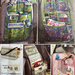 May include: A sewing pattern for car seat organisers. The pattern includes four different designs: a green organiser with butterfly print, a blue organiser with butterfly print, a floral organiser, and a pink and white gingham organiser. The pattern is for one size and is available for £15.95.