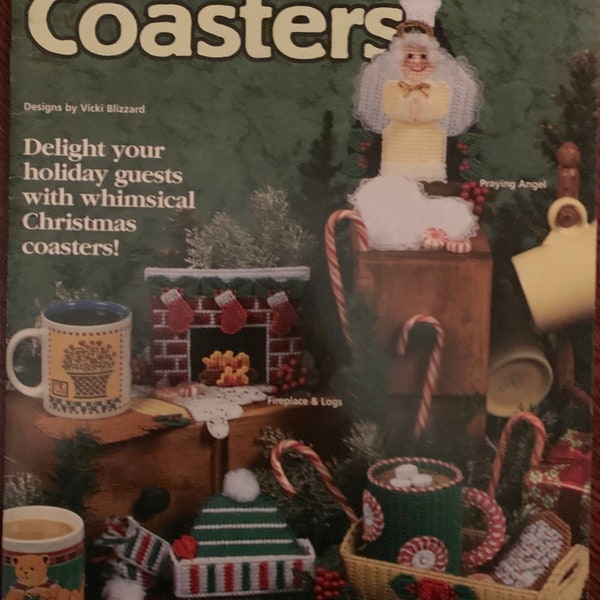 Plastic Canvas Patterns - Christmas Coasters - Praying Angel, Fireplace & Logs, Santas Snacks, Festive Hat and Scarf - not a PDF