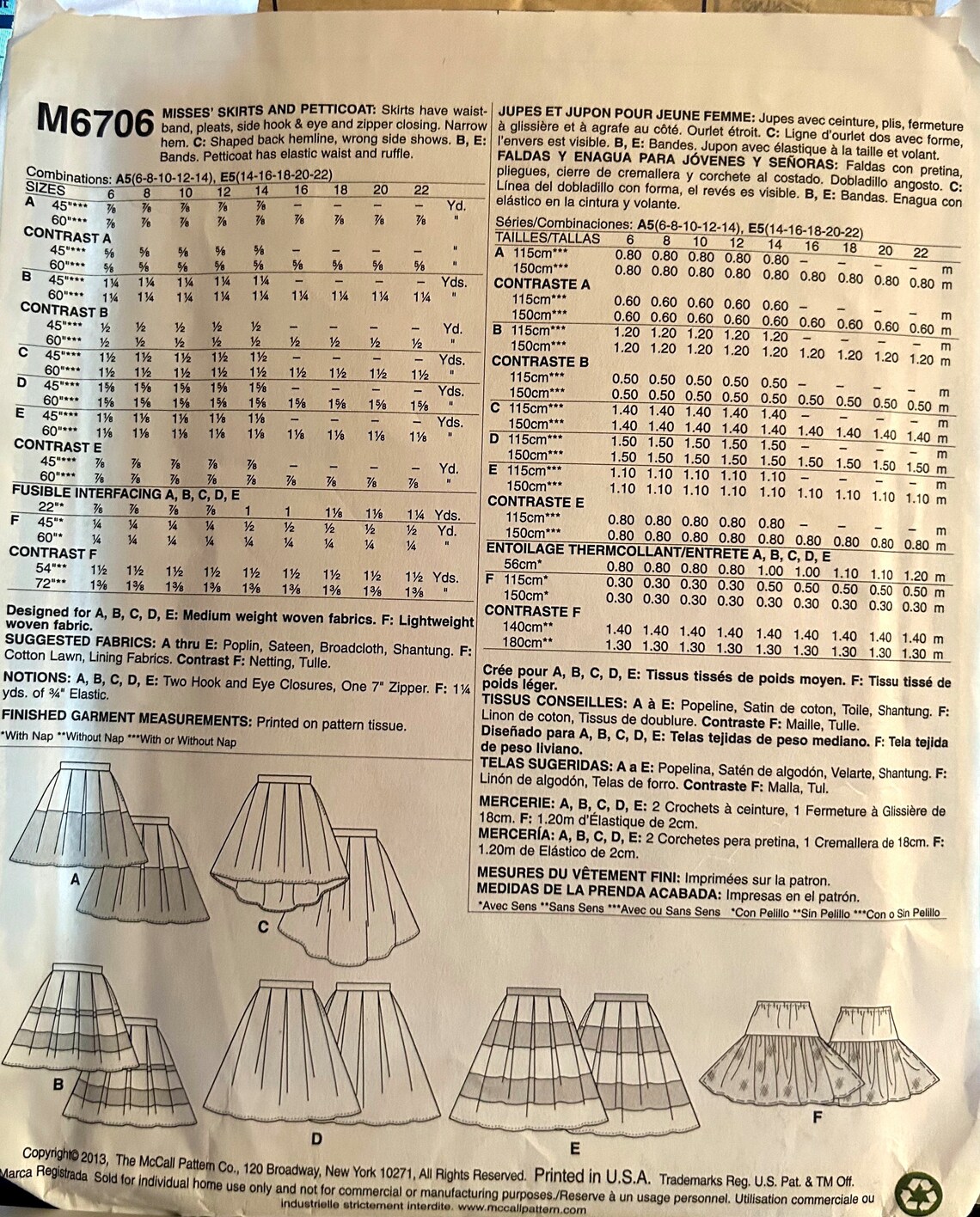 MCCALL'S EASY SEWING Pattern 6706 Misses' Skirts and Petticoat Size 14 ...