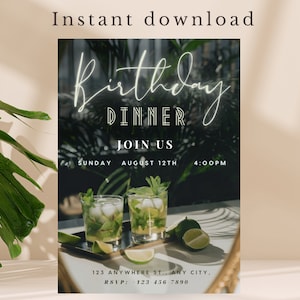 Digital Birthday Dinner Invitation, Elegant Birthday Dinner Invite, Classy Birthday Dinner Invite, Green Birthday Dinner Evite