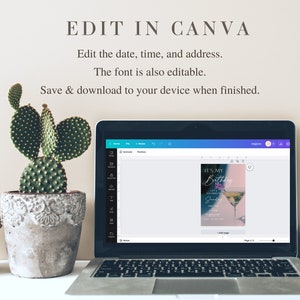 May include: A laptop screen showing a Canva design template for a birthday invitation. The template features a cocktail glass with a pink and purple gradient background and the text "It's My Birthday".