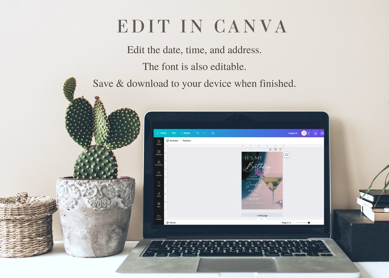 May include: A laptop screen showing a Canva design template for a birthday invitation. The template features a cocktail glass with a pink and purple gradient background and the text "It's My Birthday".
